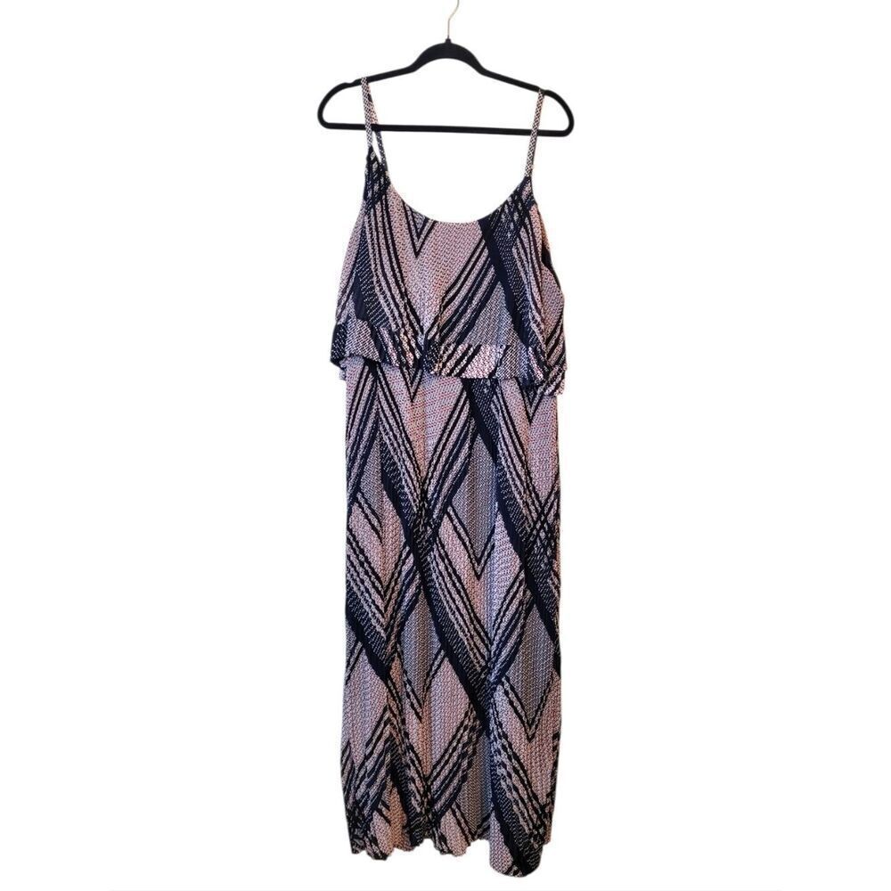 Lane Bryant Red and Navy Geometric Ruffle Pleated Maxi Dress Size 22/24